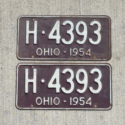 Photo of a 1954 Ohio License Plate Pair Auto Tag Garage Decor Vintage H 4393 with original patina