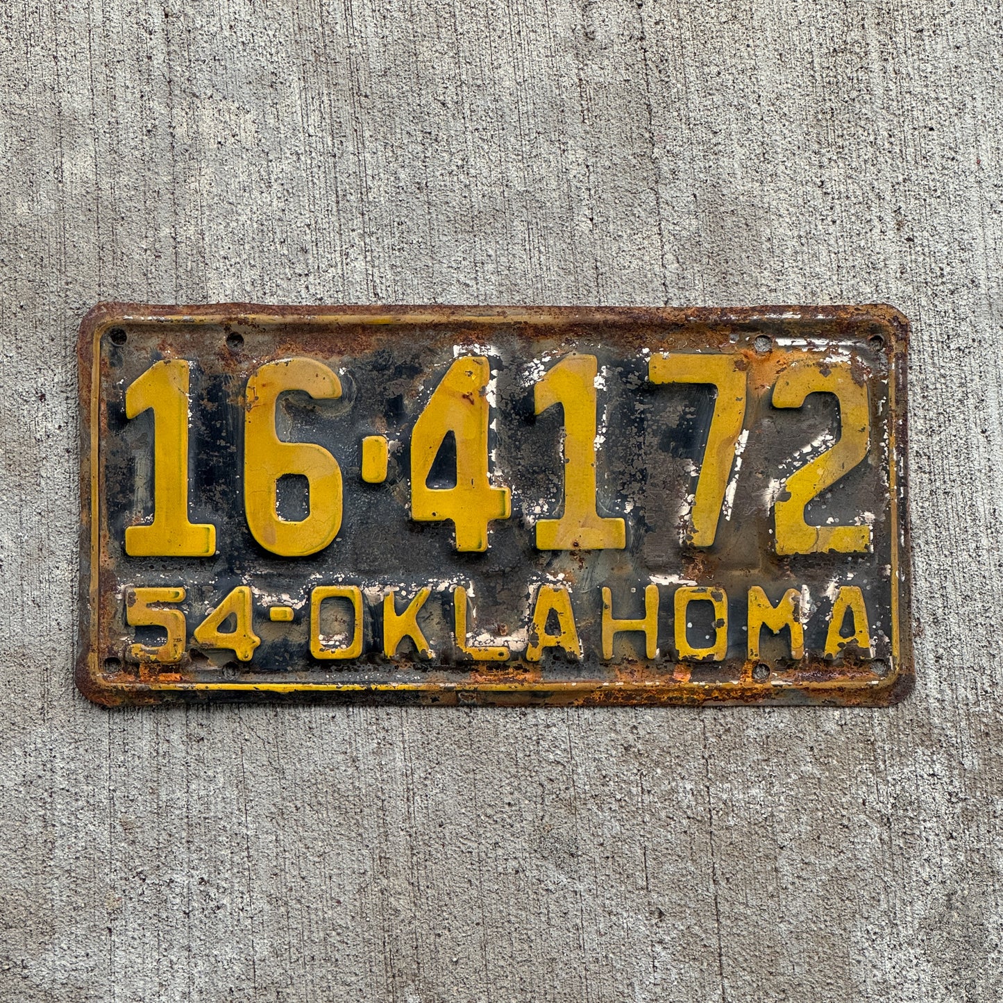 Photo of a 1954 Oklahoma License Plate Auto Tag Garage Decor Vintage 16 4172 with original patina
