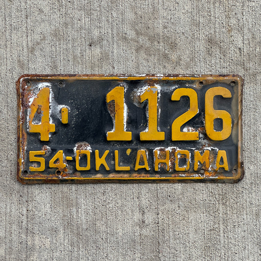 Photo of a 1954 Oklahoma License Plate Auto Tag Garage Decor Vintage 4 1126 with original patina