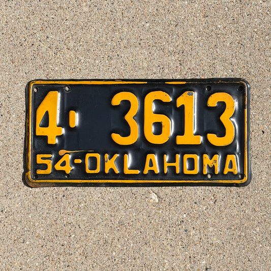 Photo of a 1954 Oklahoma License Plate Auto Tag Garage Decor Vintage 4 3613 with original patina