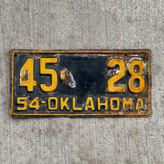 Photo of a 1954 Oklahoma License Plate Auto Tag Garage Decor Vintage Blaine County Low Number 45 28 with original patina