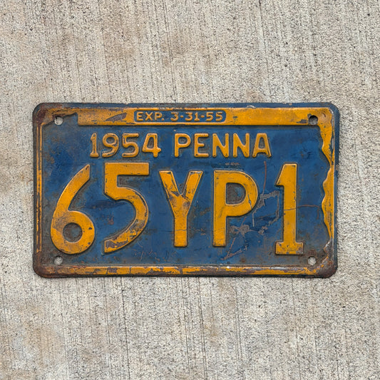 Photo of a 1954 Pennsylvania License Plate Auto Tag Garage Decor Vintage 65 YP 1 with original patina