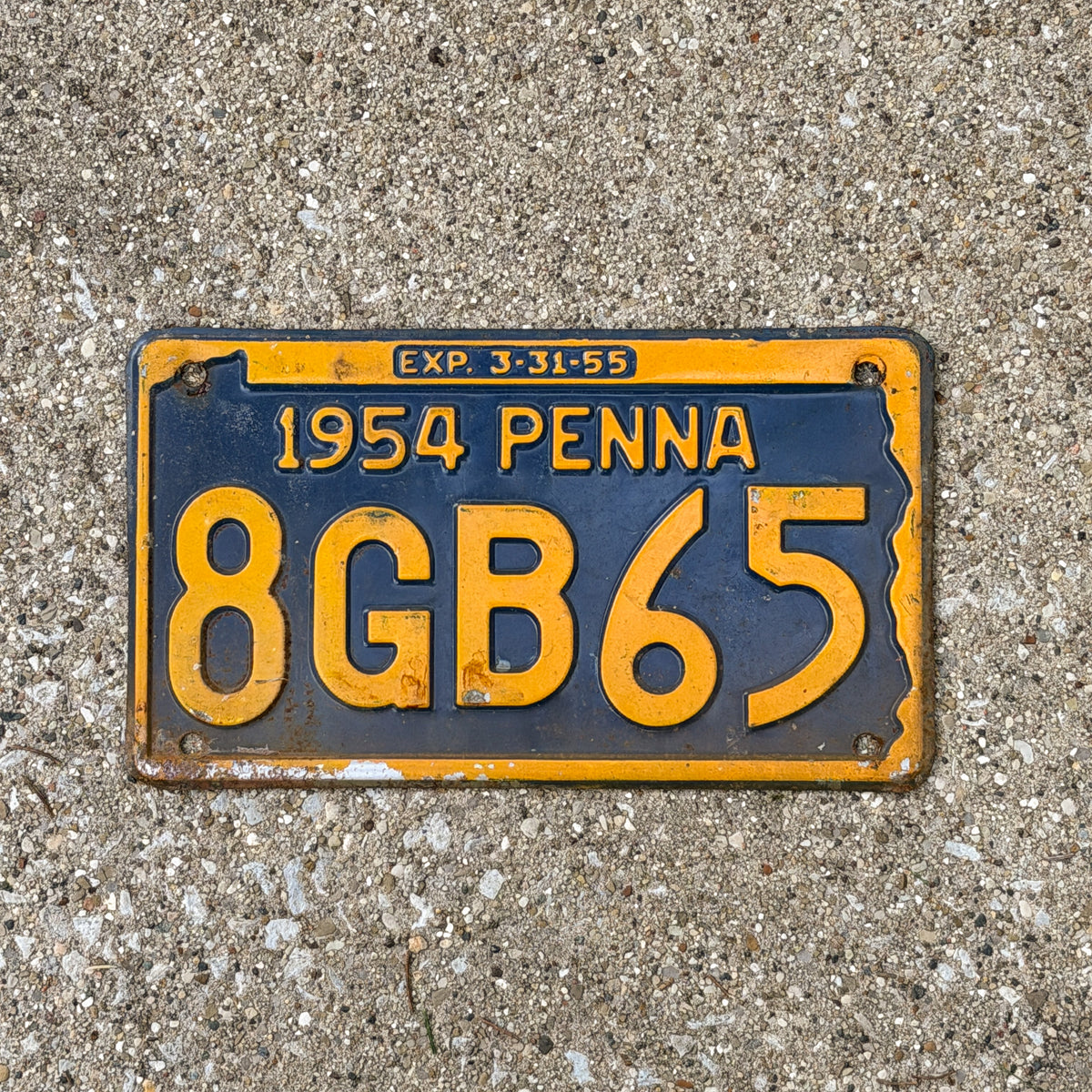 Photo of a 1954 Pennsylvania License Plate Auto Tag Garage Decor Vintage 8 GB 65 with original patina