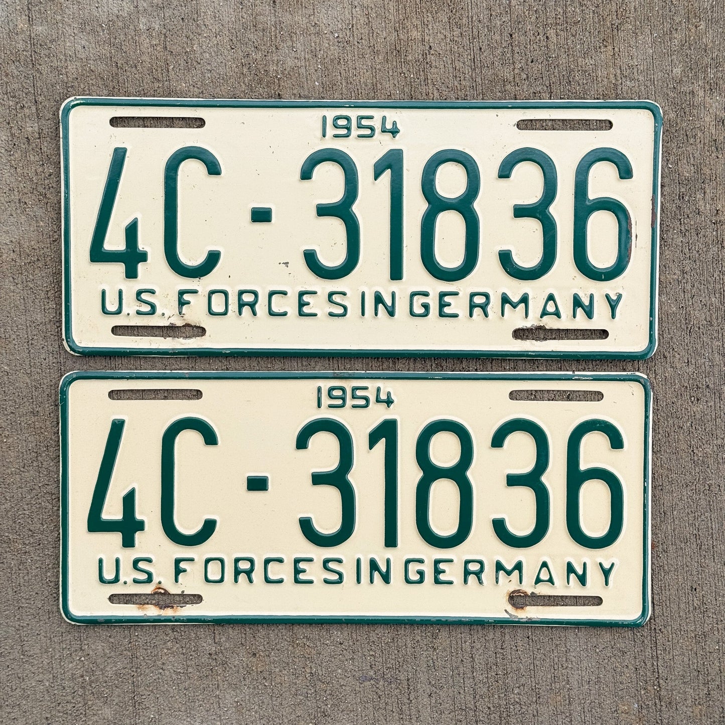 Photo of a 1954 US Forces Germany License Plate Pair Auto Tag Garage Decor Vintage High Quality 4C 31836 with original patina