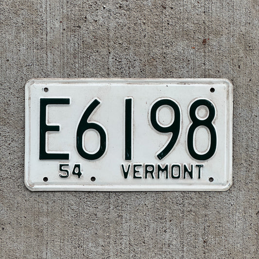 Photo of a 1954 Vermont License Plate Auto Tag Garage Decor Vintage E 6198 with original patina