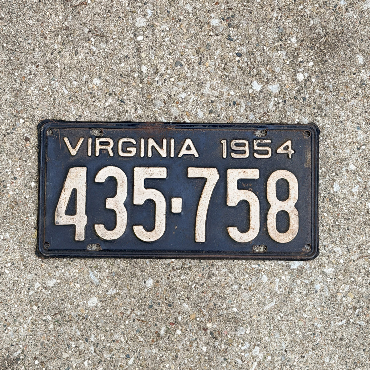 Photo of a 1954 Virginia License Plate Auto Tag Garage Decor Vintage 435 758 with original patina