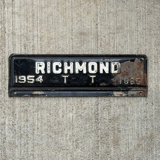 Photo of a 1954 Virginia Tax Strip License Plate Auto Tag Garage Decor Vintage Richmond 1085 with original patina