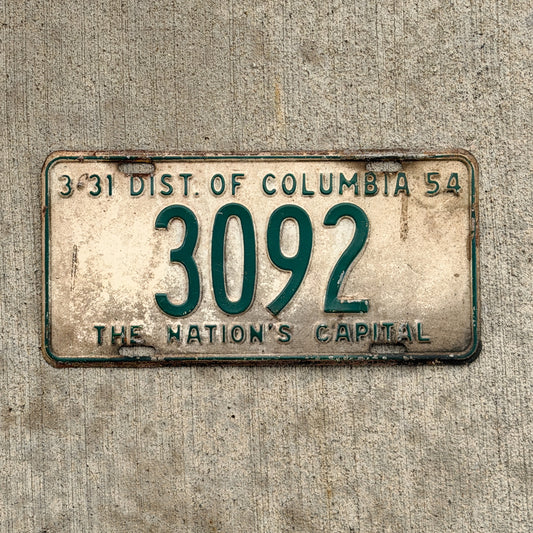 Photo of a 1954 Washington DC License Plate Auto Tag 1 Vintage Garage Low Number Four Digit 3092 with original patina