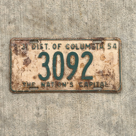 Photo of a 1954 Washington DC License Plate Auto Tag 2 Vintage Garage Low Number Four Digit 3092 with original patina