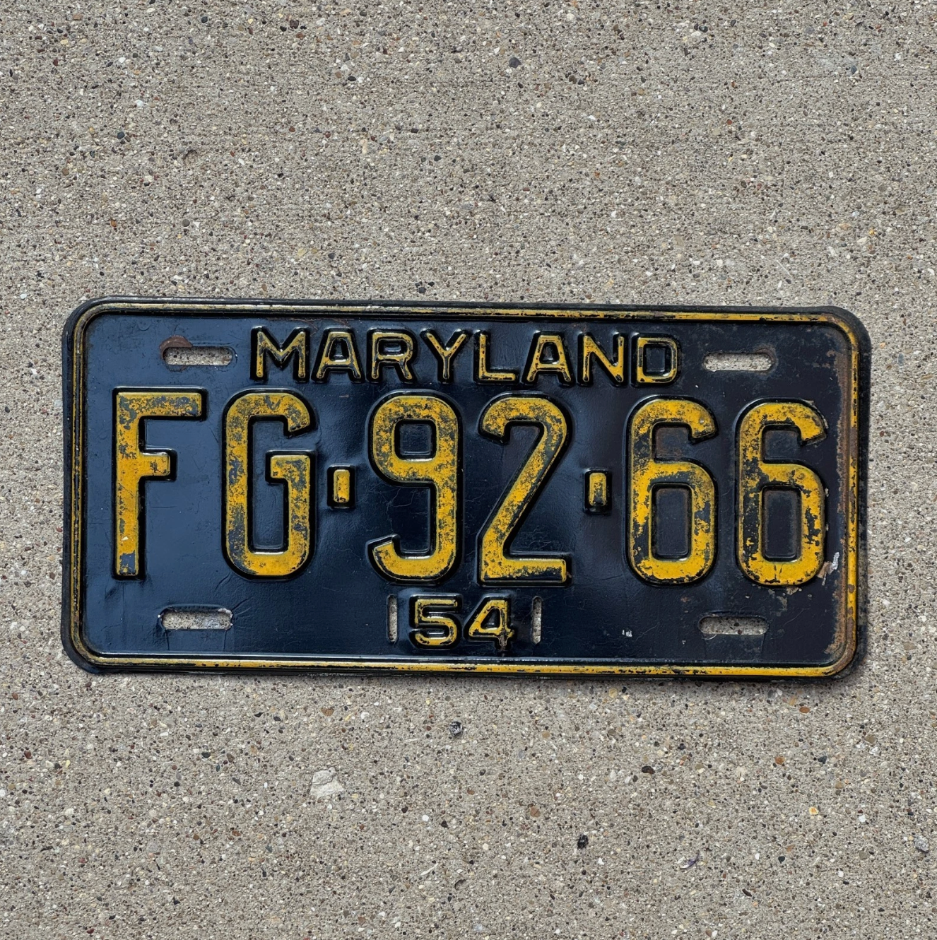 1954 Maryland License Plate Auto Tag FG 9266