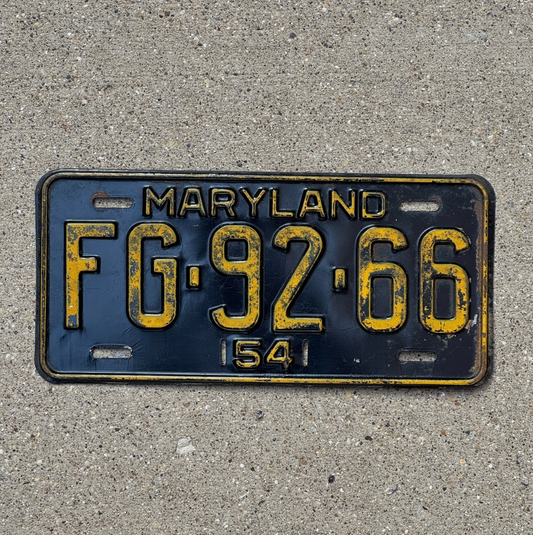 1954 Maryland License Plate Auto Tag FG 9266