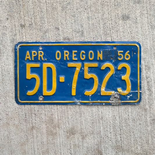 Photo of a 1955 1956 Oregon License Plate Auto Tag Garage Decor Vintage 5D 7523 with original patina