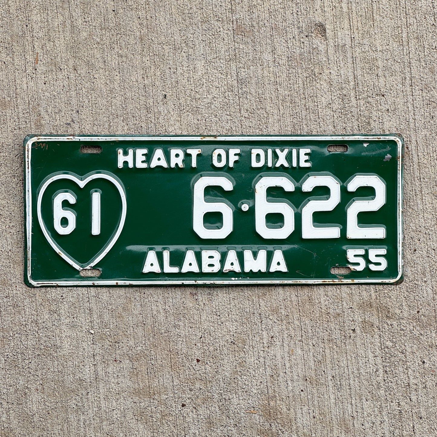 Photo of a 1955 Alabama License Plate Auto Tag Garage Decor Vintage 6 622 with original patina
