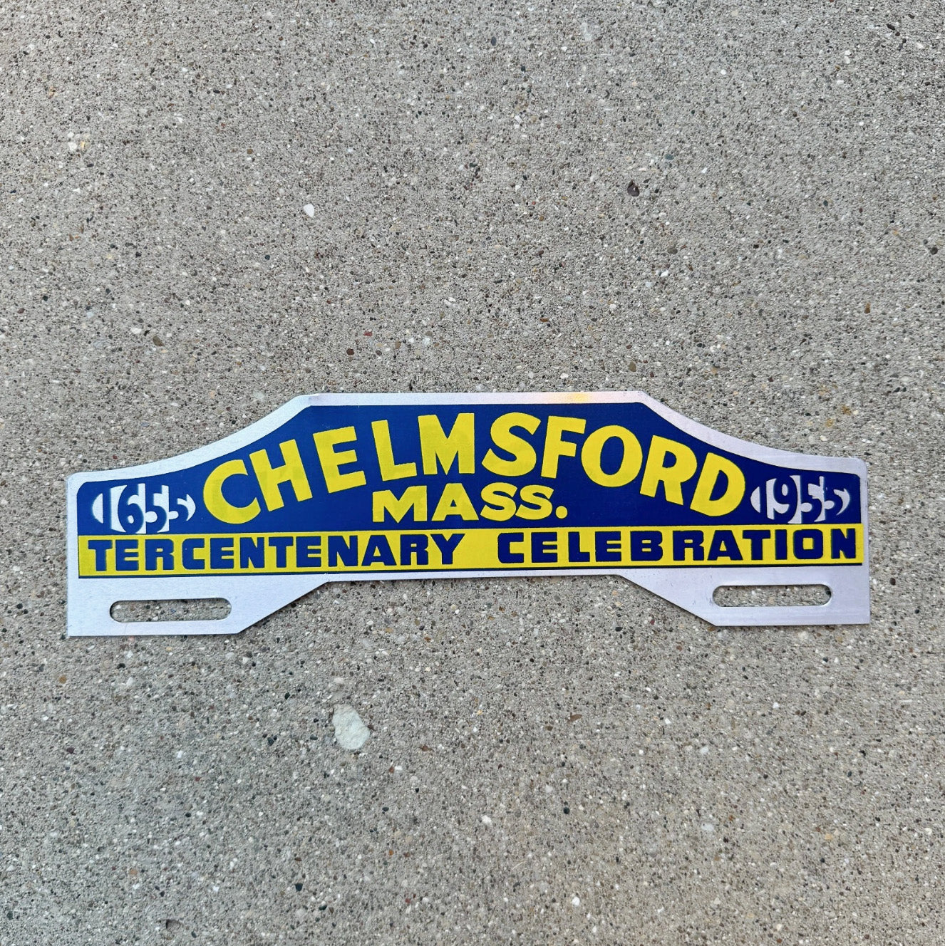 Photo of a 1955 Chelmsford Massachusetts License Plate Topper Auto Tag Garage Decor Vintage Auto Garage Decor Car with original patina