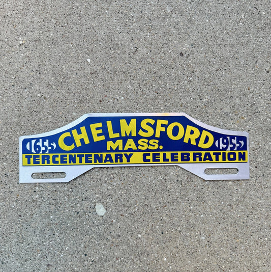 Photo of a 1955 Chelmsford Massachusetts License Plate Topper Auto Tag Garage Decor Vintage Auto Garage Decor Car with original patina