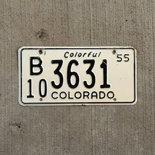 Photo of a 1955 Colorado License Plate Auto Tag Garage Decor Vintage Arapahoe County B 10 3631 with original patina