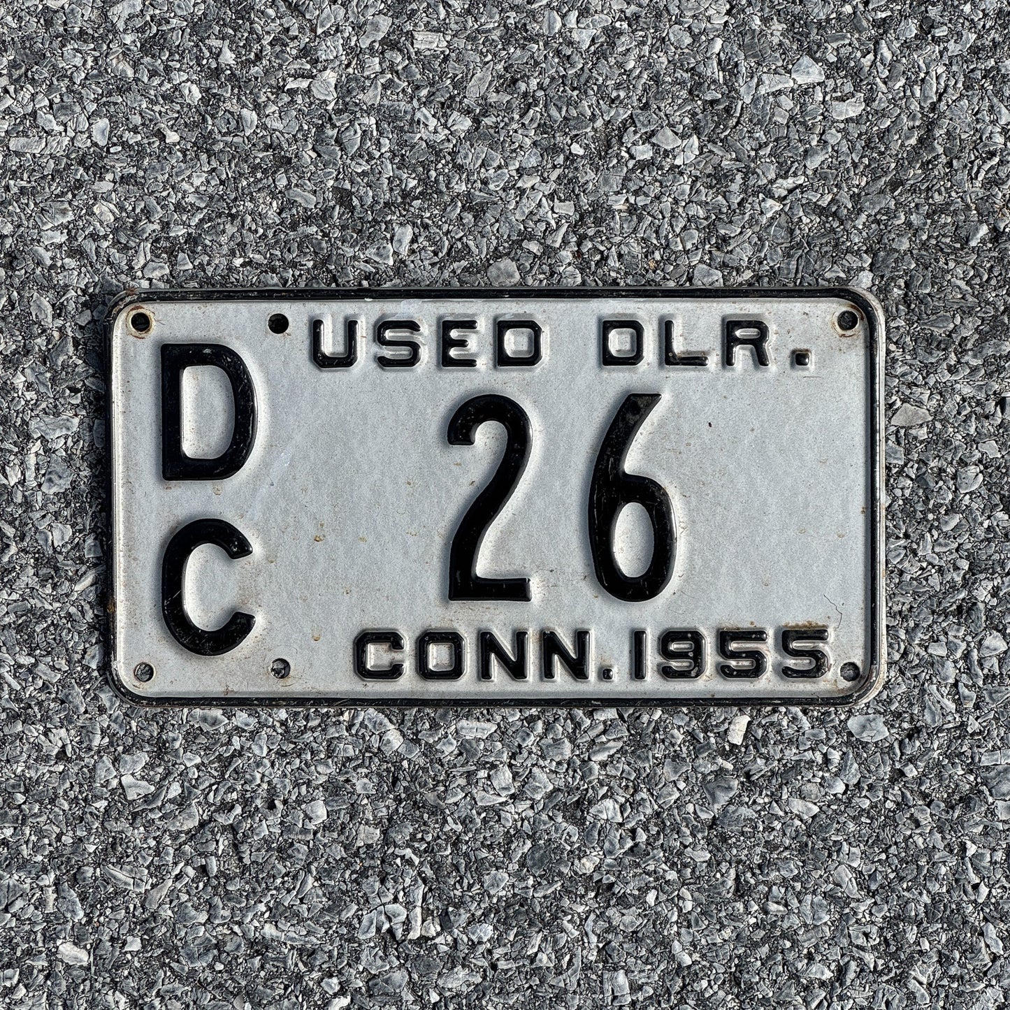 Photo of a 1955 Connecticut Used Car Dealer License Plate Auto Tag Garage Decor Vintage DC 26