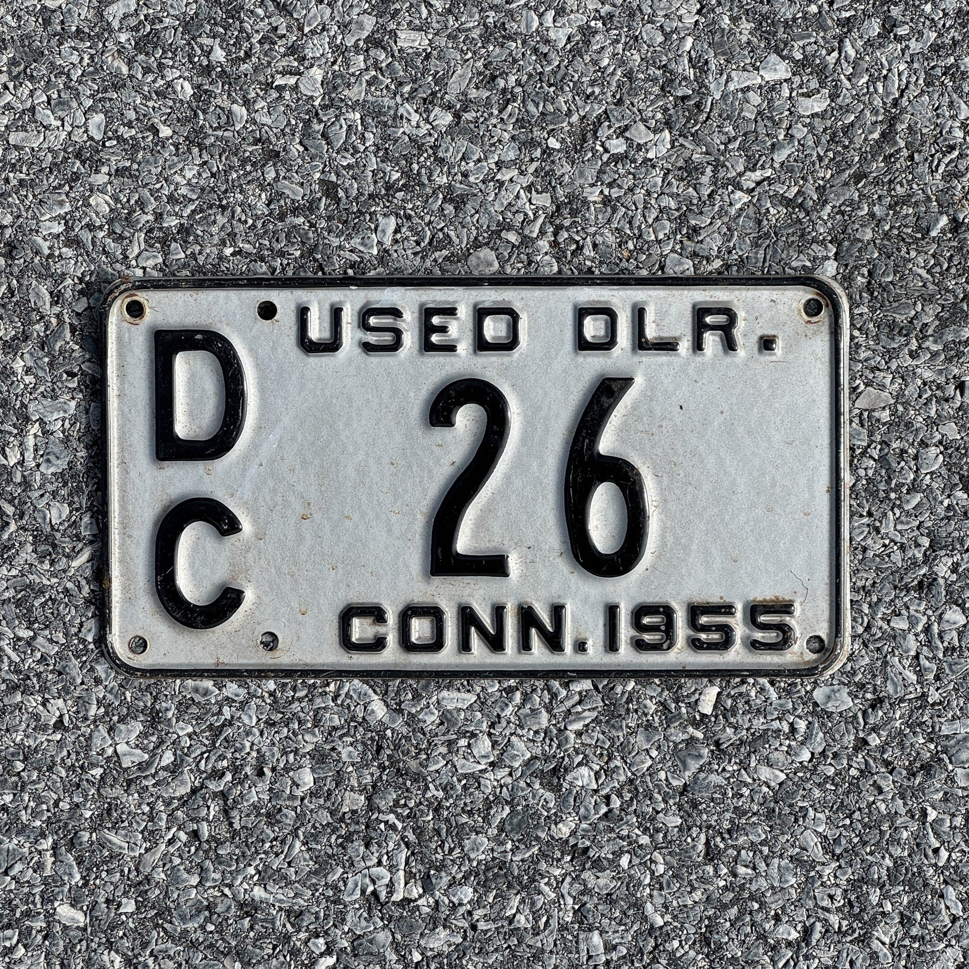 Photo of a 1955 Connecticut Used Car Dealer License Plate Auto Tag Garage Decor Vintage DC 26