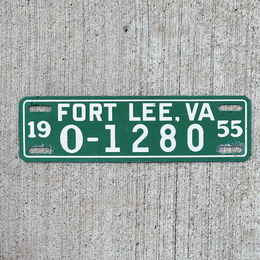 Photo of a 1955 Fort Lee Virginia License Plate Topper Auto Tag Garage Decor Vintage Military Green US Army Base O-1280 with original patina