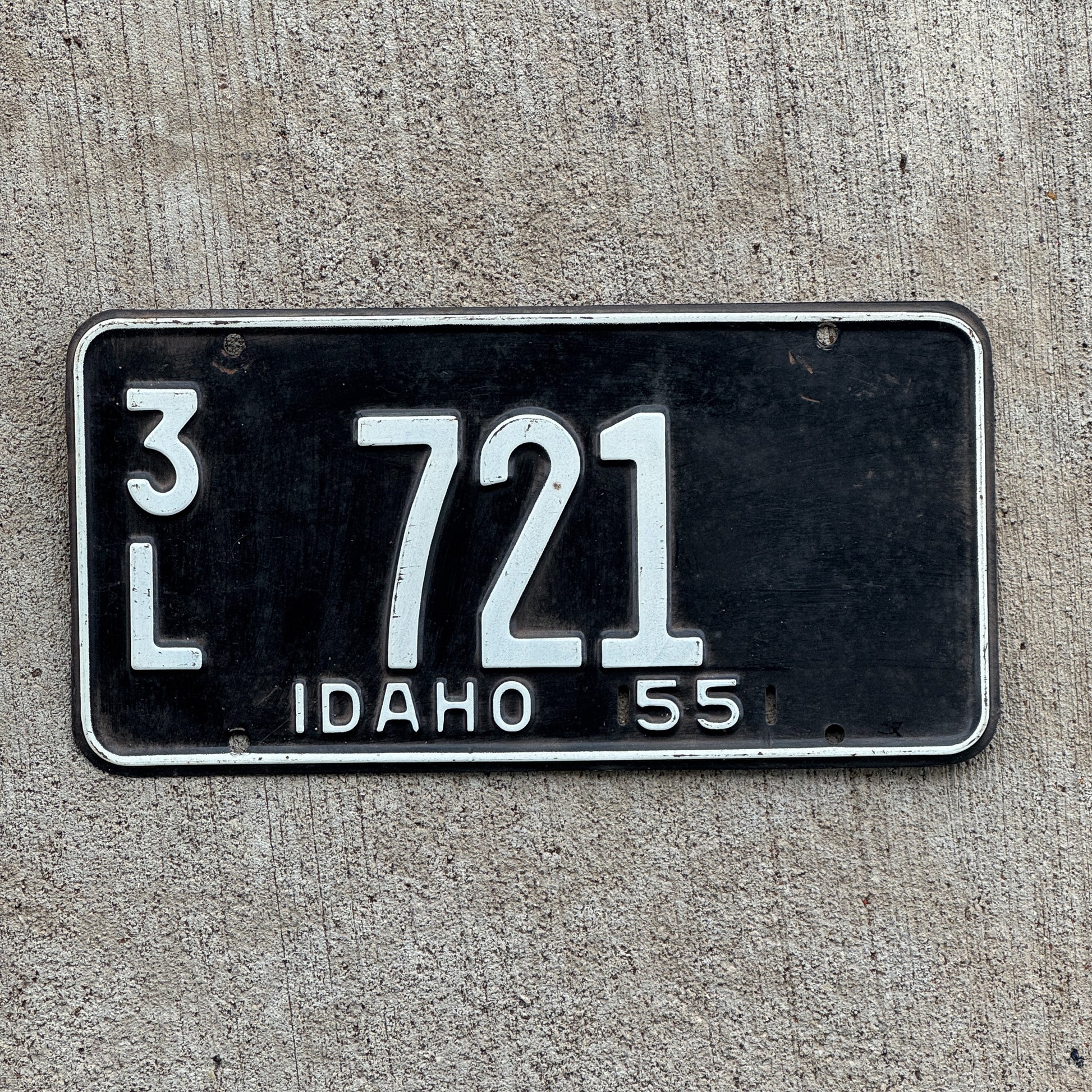 Photo of a 1955 Idaho License Plate Auto Tag Garage Decor Vintage Lewis County 3L 721 with original patina
