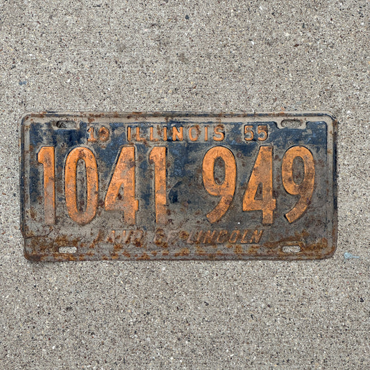 Photo of a 1955 Illinois License Plate Auto Tag 1 Vintage Garage Orange Blue 1 041 949 with original patina