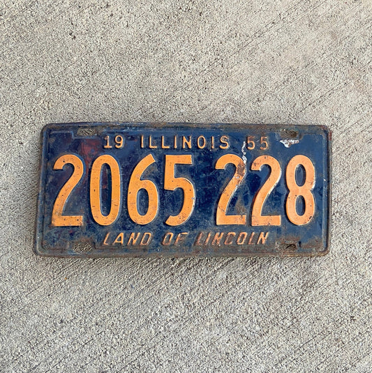 Photo of a 1955 Illinois License Plate Auto Tag Garage Decor Vintage 2065 228 with original patina