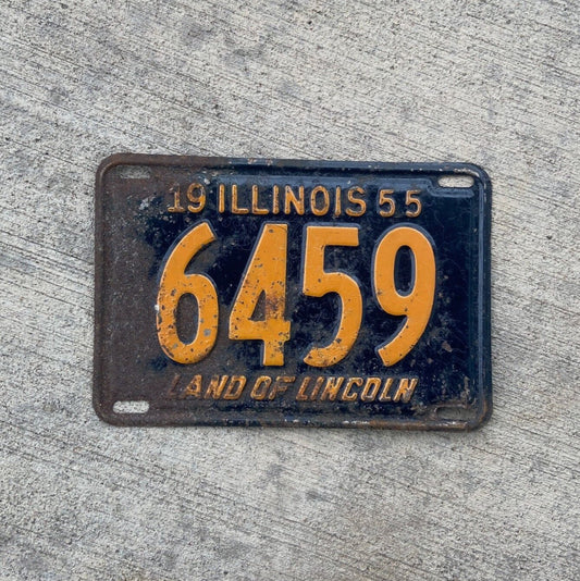 Photo of a 1955 Illinois License Plate Auto Tag Garage Decor Vintage Low Number Four Digit 6459 with original patina