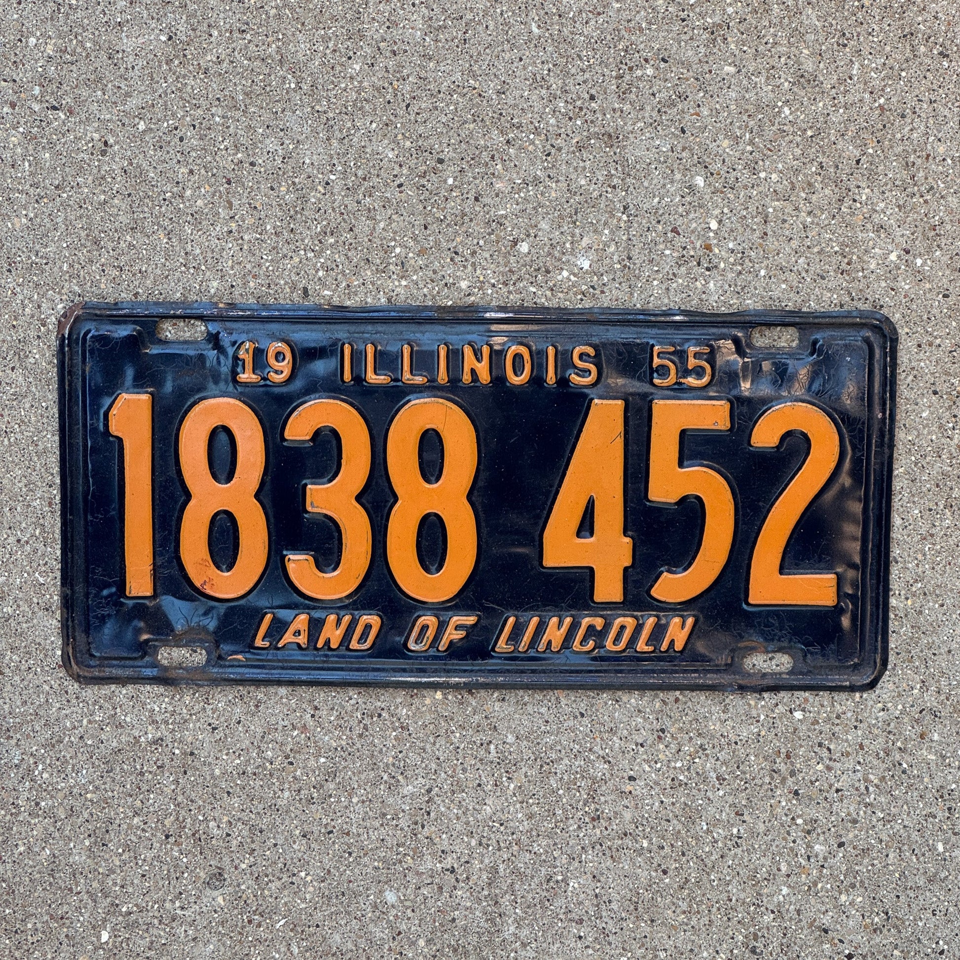 Photo of a 1955 Illinois License Plate Auto Tag Garage Decor Vintage Orange & Blue 1838 452 with original patina