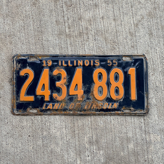 Photo of a 1955 Illinois License Plate Auto Tag Garage Decor Vintage Orange Blue 2 434 881 with original patina
