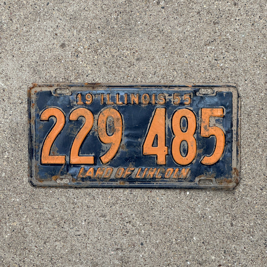 Photo of a 1955 Illinois License Plate Auto Tag Garage Decor Vintage Orange Blue 229 485 with original patina