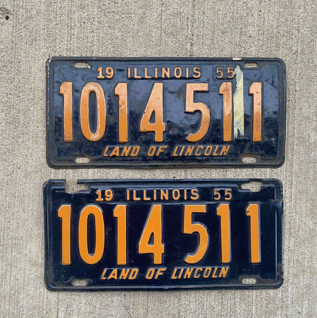 Photo of a 1955 Illinois License Plate Pair Auto Tag Garage Decor Vintage 1014 511 with original patina