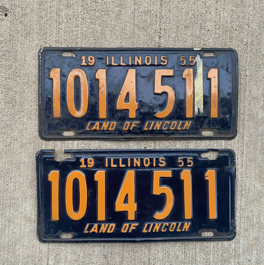 Photo of a 1955 Illinois License Plate Pair Auto Tag Garage Decor Vintage 1014 511 with original patina