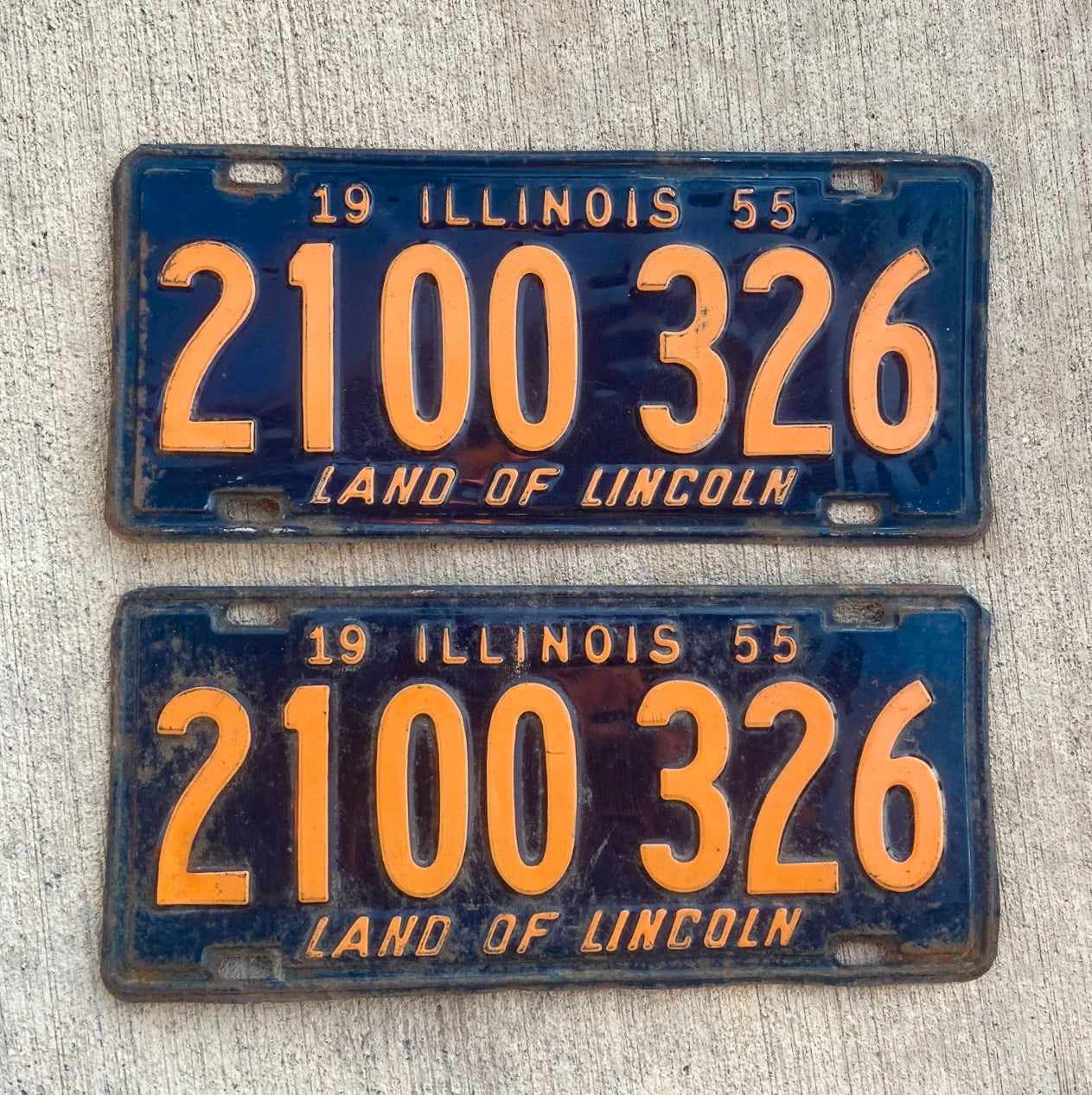 Photo of a 1955 Illinois License Plate Pair Auto Tag Garage Decor Vintage 2100 326 with original patina