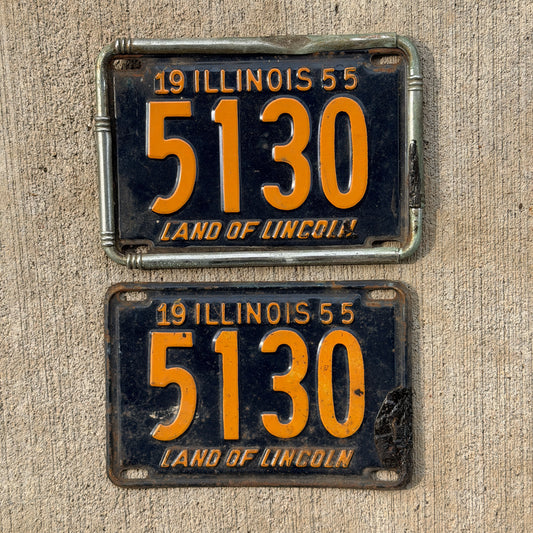 Photo of a 1955 Illinois License Plate Pair Auto Tag Garage Decor Vintage Low Number Four Digit 5130 with original patina