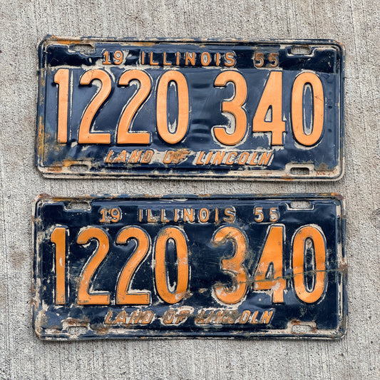 Photo of a 1955 Illinois License Plate Pair Auto Tag Garage Decor Vintage Orange Blue 1 220 340 with original patina