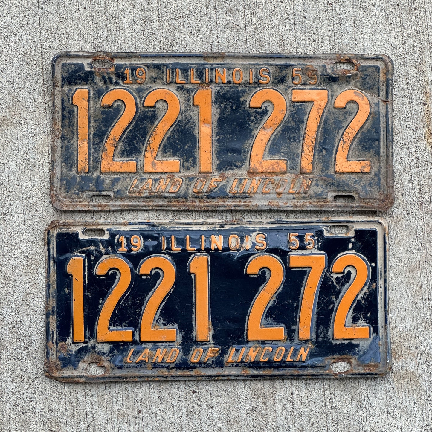 Photo of a 1955 Illinois License Plate Pair Auto Tag Garage Decor Vintage Orange Blue 1 221 272 with original patina