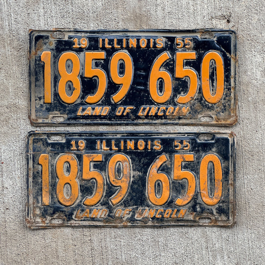 Photo of a 1955 Illinois License Plate Pair Auto Tag Garage Decor Vintage Orange Blue 1 859 650 with original patina
