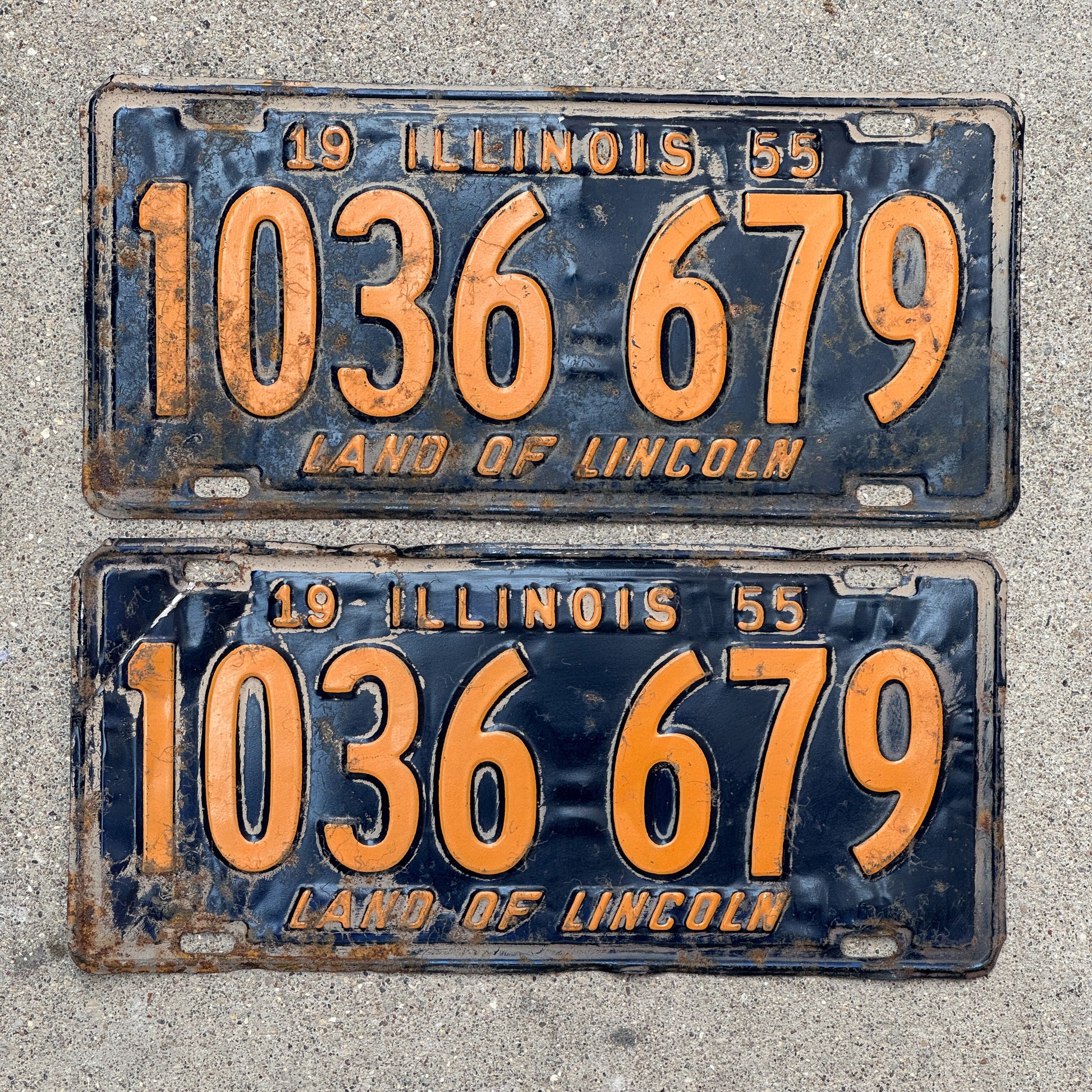 Photo of a 1955 Illinois License Plate Pair Auto Tag Garage Decor Vintage Orange Blue 1036 679 with original patina