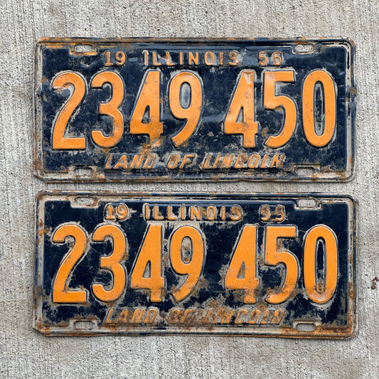 Photo of a 1955 Illinois License Plate Pair Auto Tag Garage Decor Vintage Orange Blue 2 349 450 with original patina