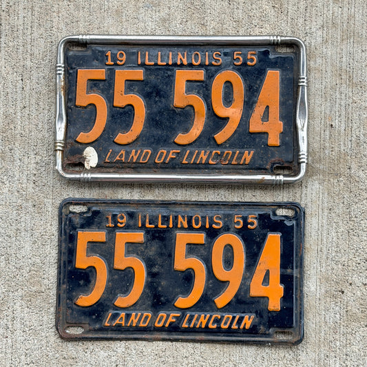 Photo of a 1955 Illinois License Plate Pair Auto Tag Garage Decor Vintage With Frame 55 594 with original patina