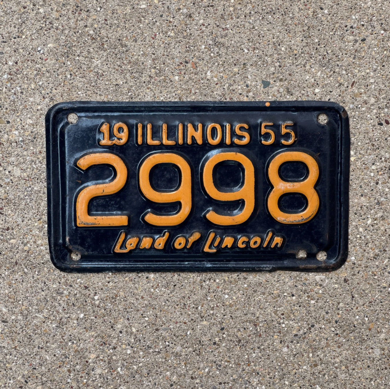 Photo of a 1955 Illinois Motorcycle License Plate Auto Tag Garage Decor Vintage 2998 with original patina