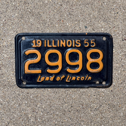 Photo of a 1955 Illinois Motorcycle License Plate Auto Tag Garage Decor Vintage 2998 with original patina