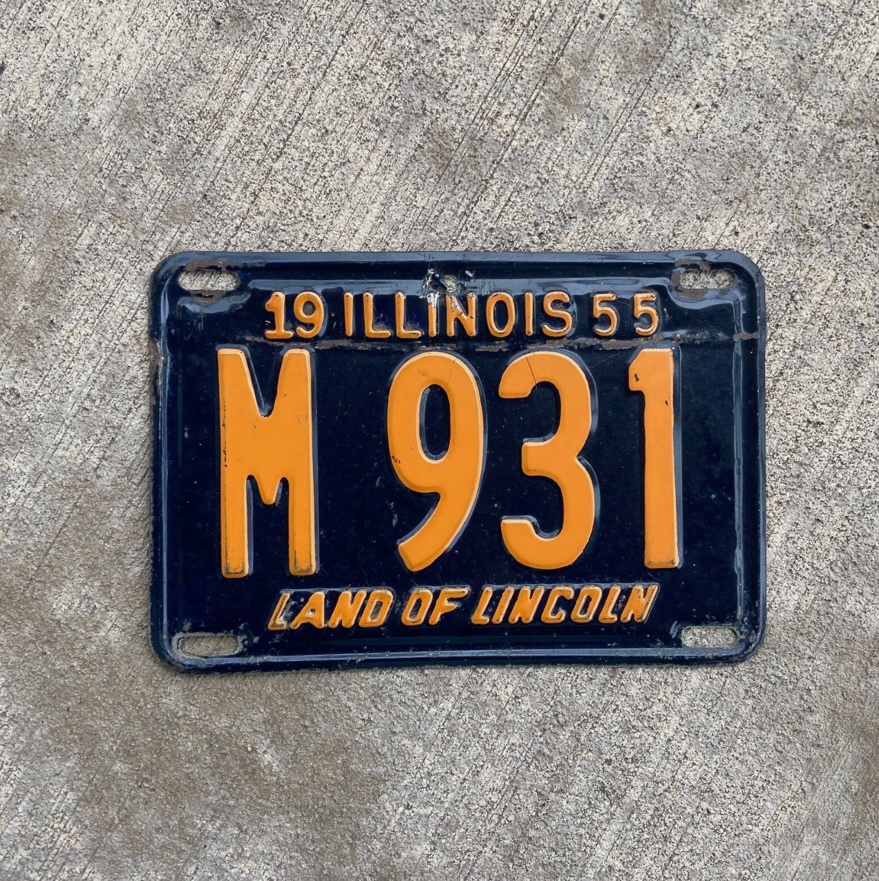 Photo of a 1955 Illinois Municipal License Plate Auto Tag Garage Decor Vintage Low Number Three Digit M 931 with original patina