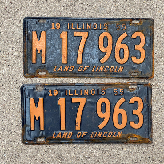 Photo of a 1955 Illinois Municipal License Plate Pair Auto Tag Garage Decor Vintage Orange Blue M 17 963 with original patina