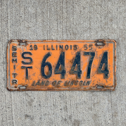 Photo of a 1955 Illinois Semi Trailer License Plate Auto Tag Garage Decor Vintage Orange Blue ST 64474 with original patina