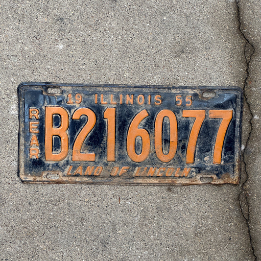 Photo of a 1955 Illinois Truck License Plate Auto Tag 1 Vintage Garage Rear Plate Orange Blue B 216 077 with original patina