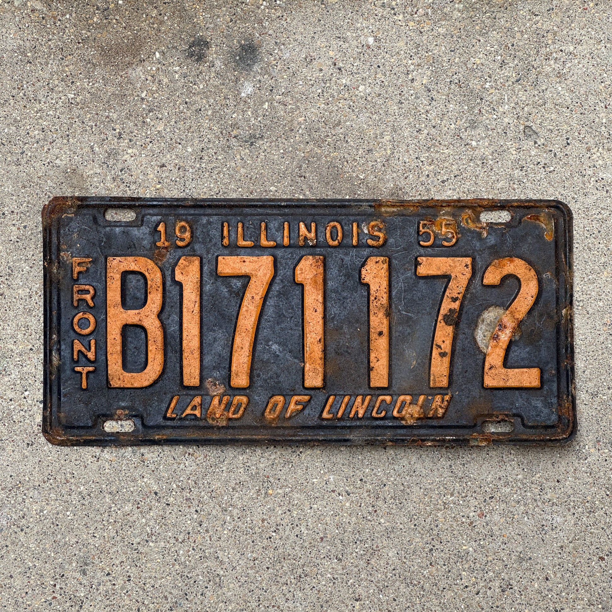 Photo of a 1955 Illinois Truck License Plate Auto Tag 2 Vintage Garage Front Plate Orange Blue B 171172 with original patina