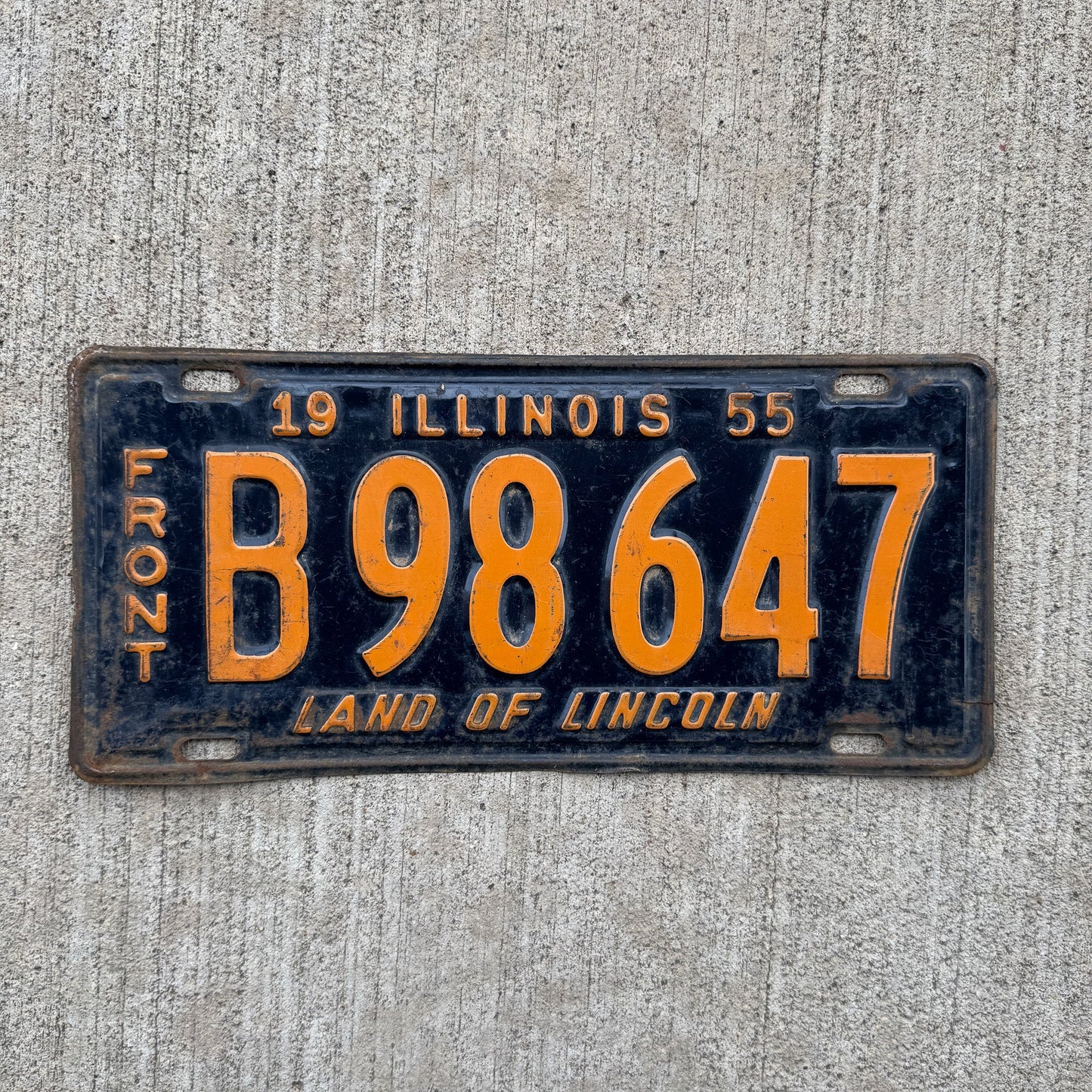 Photo of a 1955 Illinois Truck License Plate Auto Tag Garage Decor Vintage Front B 98 647 with original patina