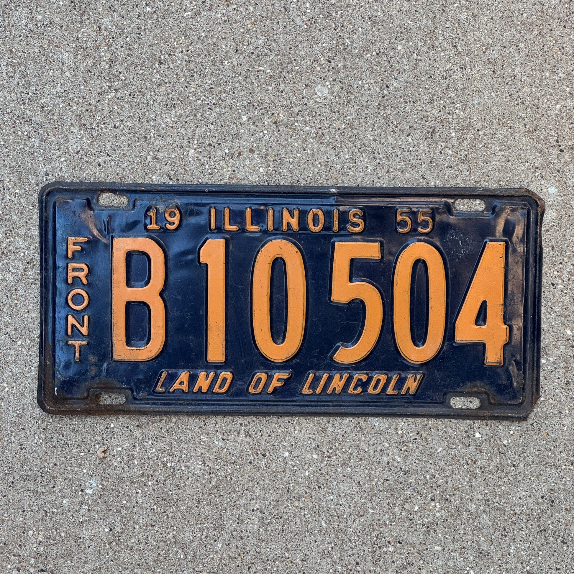 Photo of a 1955 Illinois Truck License Plate Auto Tag Garage Decor Vintage Orange & Blue B 10504 with original patina