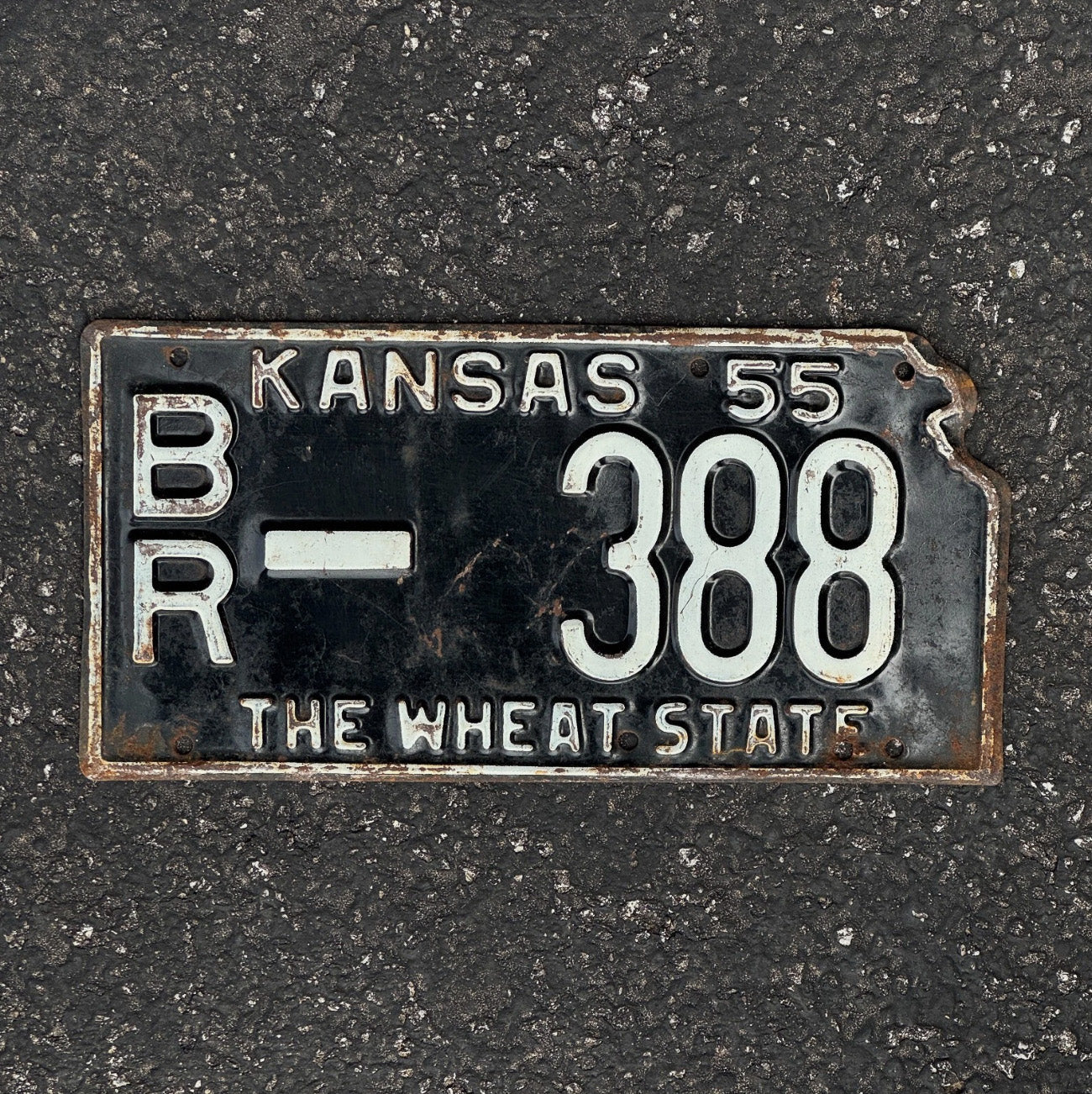Photo of a 1955 Kansas License Plate Auto Tag Garage Decor Vintage State Shape BR 388